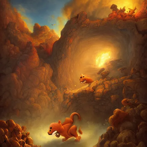 Image similar to animals running away from a volcano by justin gerard, deviantart