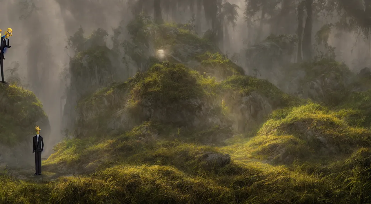 Prompt: photorealistic matte painting of mr burns of the simpsons standing far in misty overgrowth undergrowth jagged rock features volumetric fog light rays high contrast dawn