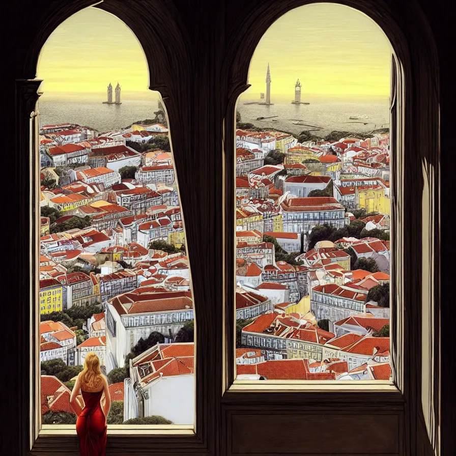 Prompt: The City of Lisbon from the window of a rich girl, fantasy, intricate, elegant, dramatic lighting, emotionally evoking symbolic metaphor, highly detailed, lifelike, photorealistic, digital painting, artstation, concept art, smooth, sharp focus, illustration, art by John Collier and Albert Aublet and Krenz Cushart and Artem Demura and Alphonse Mucha