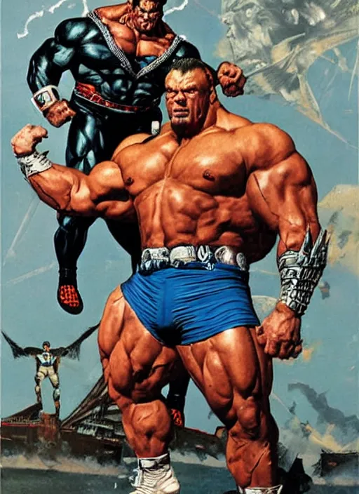 Image similar to full body and head portrait of huge rich piana in tattered superhero costume, dynamic action, painted by norman rockwell and phil hale and greg staples and tom lovell and frank schoonover and jack kirby