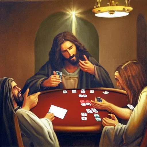 Image similar to nine various interpretations of Jesus playing poker