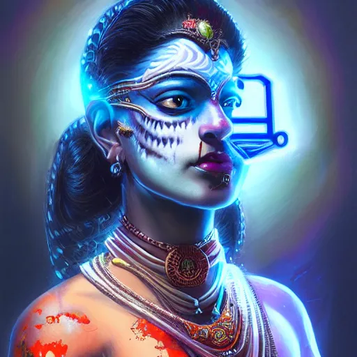 Prompt: portrait of a hindu god kali with a scaly skin and bio-technical parts and high tec VR headset and neon light by Artgerm and Greg Rutkowski , digital painting, highly detailed, trending on artstation