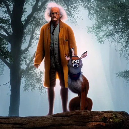 Image similar to doc brown as bambi in the movie bambi, movie still 8 k hdr atmospheric lighting