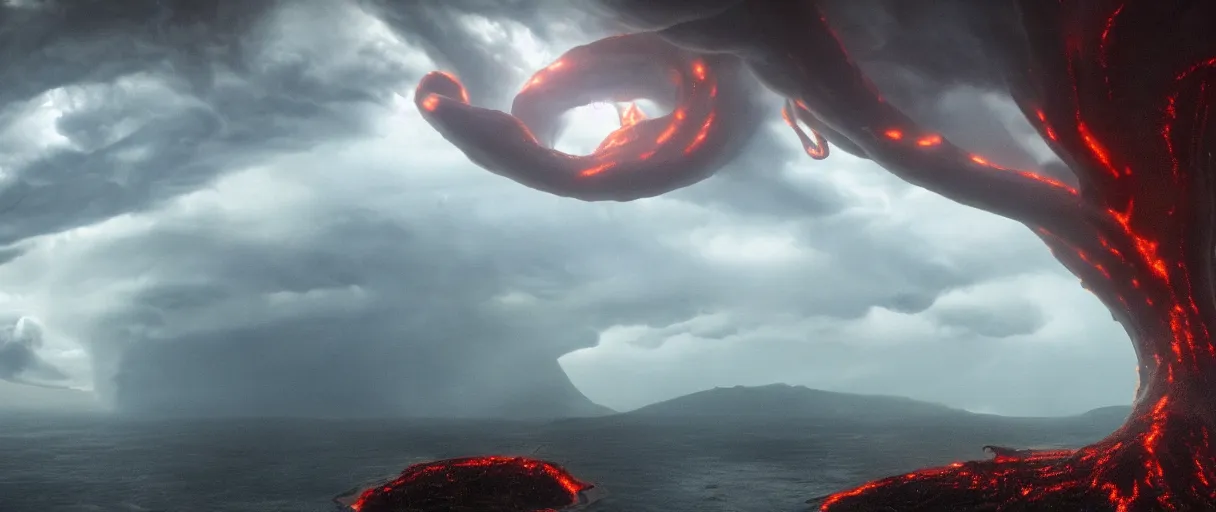 Image similar to a giant octopus tentacle hanging from the clouds over a rain forest, lightning storm and sun rays, ambient light, a volcano erupte, still from the movie the arrival, 8k