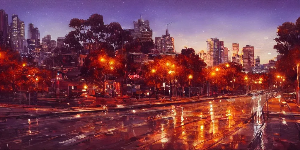 Image similar to A beautiful painting of Australian city autumn night, hyperrealistic, artstation, detailed, cinematic lighting, concept art, photorealistic