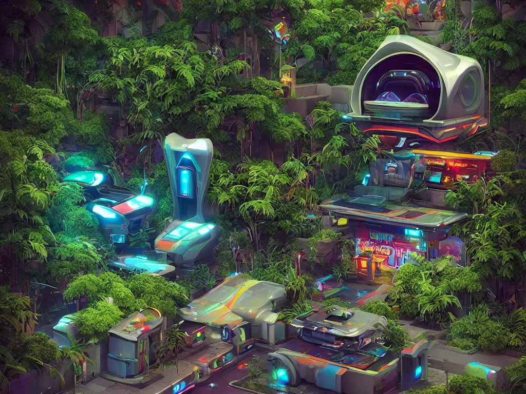 Image similar to 80s futuristic outdoor retro arcade, desolate, lush vegetation:: by beeple and James Gilleard and Justin Gerard :: ornate, dynamic, particulate, intricate, elegant, highly detailed, centered, artstation, smooth, sharp focus, octane render, 3d