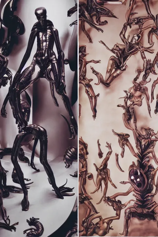 Image similar to instax still frame of Faceless Void from Alien and Prometheus by Guo Jian and Yue Minjun featured in Vogue editorial fashion photography, haute couture dressed by Givenchy and Salvatore Ferragamo painted by Andrea Pozzo, in lush metal and porcelain by