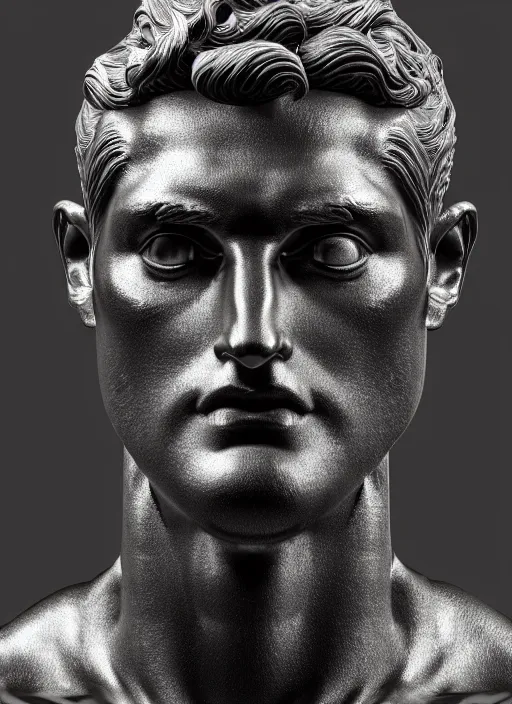 Image similar to stylized shiny metal and black ornate statue bust made of marble of hercules, perfect symmetrical body, perfect symmetrical face, hyper realistic, hyper detailed, by johannen voss, by michelangelo, octane render, blender, 8 k, displayed in pure white studio room