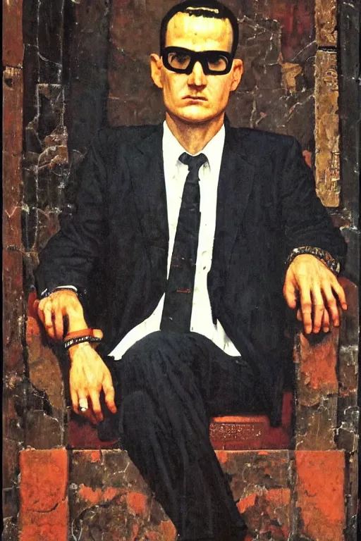 Image similar to a closer personal portrait of the zodiac killer, very charismatic. in the old ancient temple of luxor. masterpiece, dark. painted by norman rockwell and james gurney