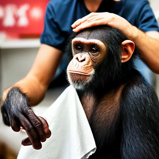 Prompt: chimpanzee getting a haircut at the barber, realistic, cute, photogenic, well lit