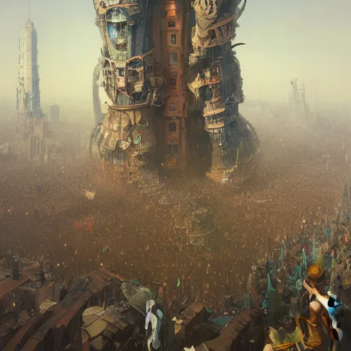 Prompt: hundreds of humans climbing on each other creating incredible surrealistic towers, highly detailed, digital painting, matte, sharp focus, art by wlop, greg rutkowski, alphonse mucha, frank frzetta, boris vallejo, bouguereau, beksinski, cinematic, octane render