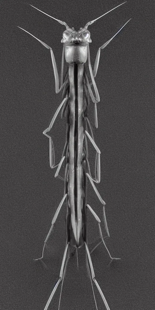 Image similar to a photorealistic render of a praying mantis made of melted plastic on a black background, greyscale, made of melted plastic and marble, c 4 d, by zhelong xu and ernst haeckel, wide angle, hyper realistic, plain black background, 8 k, volumetric lightning, octane render