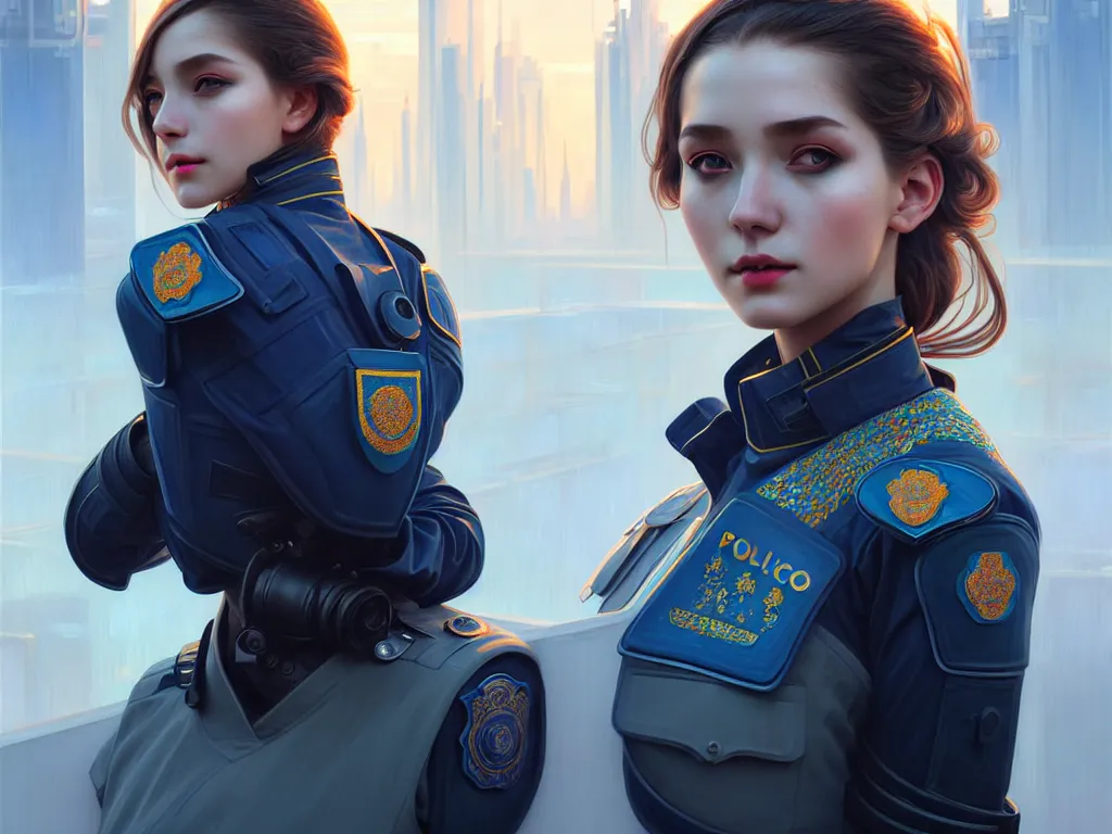 Image similar to portrait futuristic ukraine police uniform girl, at future neon light rooftop, ssci - fi and fantasy, intricate and very very beautiful and elegant, highly detailed, digital painting, artstation, concept art, smooth and sharp focus, illustration, art by tan zi and ayanamikodon and alphonse mucha and wlop