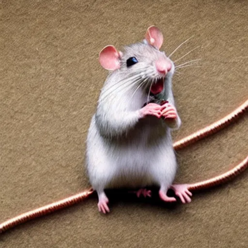 Prompt: rat on a chain, eating cheese