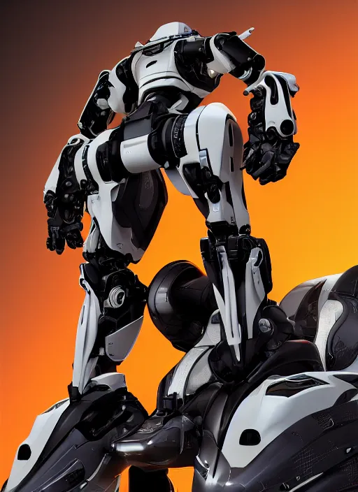 Image similar to a Photorealistic dramatic hyperrealistic full frame render of a Sleek futuristic exosuit Freedom Formula Racing Mech,Ultra realistic details,glossy white metal,Orange racing stripes,weathered surfaces,by Hidetaka Tenjin,Yoh Yoshinori,Yoji Shinkawa,Masamune Shirow,Beautiful dramatic dark moody tones and lighting,cinematic atmosphere,studio lighting,shadows,dark background, Octane render,8K