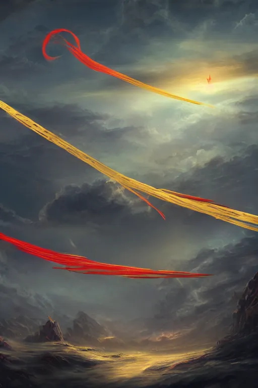 Image similar to breathtaking digital painting of swords flying in golden clouds, numerous blades in dynamic movement, strokes of mist and scarlet ribbons, german romanticism style, volumetric lighting, concept art, matte, sharp focus, art by celestialfang, matchach, juanmao, dustin panzino, trending on artstation