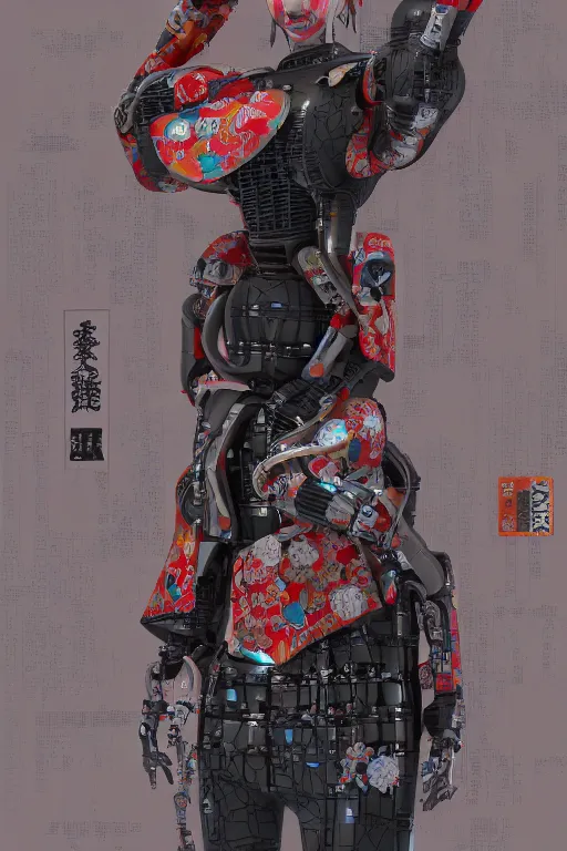 Image similar to full body portrait of a Japanese robot geisha with kanji tattoos and decals wearing a digital pixelated kimono, intricate design, photorealistic, arnold render, raytraced, ultra fine detailed, character design, trending on artstation