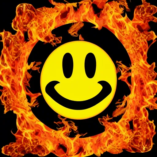 Image similar to a smiley face emoticon wreathed in flames, clip art, deep fried