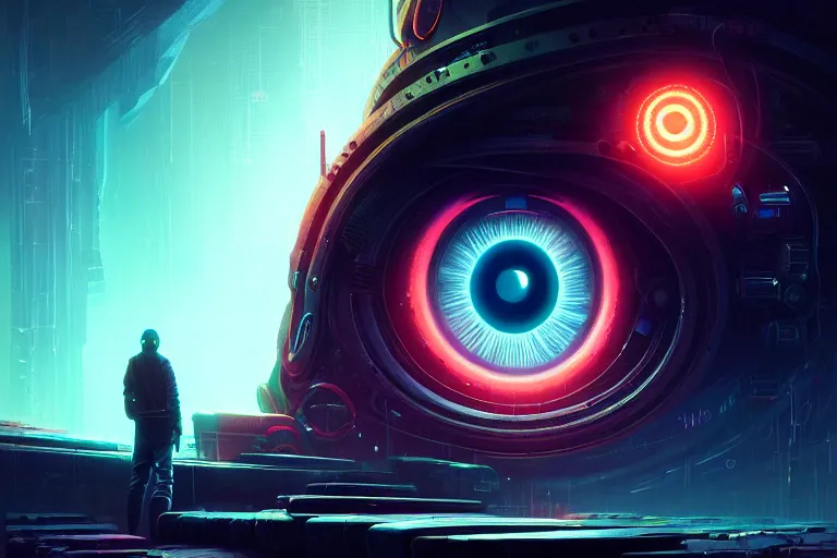 Prompt: portrait of a mystical giant eye, mechanic, dystopian, ( ( cyberpunk ) ), intricate, ( ( ( abstract ) ) ), cinematic, glow, neons, octane render, wlop, greg rutkowski, dan mumford, artgerm