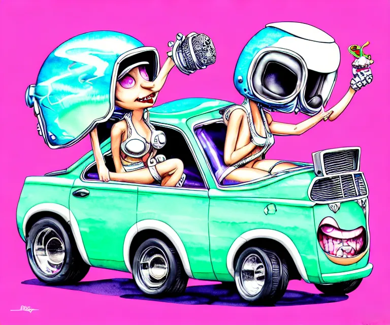 Prompt: cute and funny, lady gaga wearing a helmet riding in a tiny hot rod with an oversized engine, ratfink style by ed roth, centered award winning watercolor pen illustration, isometric illustration by chihiro iwasaki, edited by range murata, tiny details by artgerm and watercolor girl, symmetrically isometrically centered, sharply focused