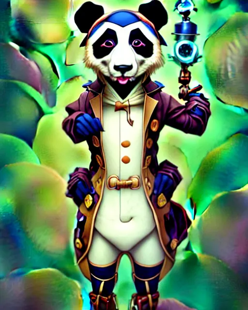 Image similar to don bluth, loish, artgerm, joshua middleton, steampunk, clockpunk anthropomorphic panda, full sailor suit, symmetrical eyes symmetrical face, colorful animation forest background