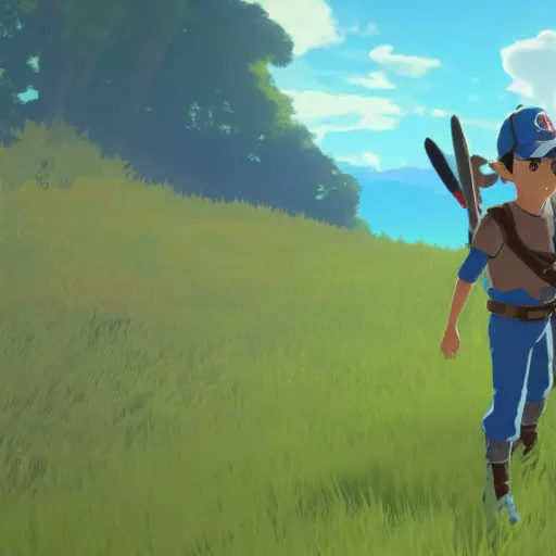 Prompt: Film still of Ash Ketchum, from The Legend of Zelda: Breath of the Wild (2017 video game)