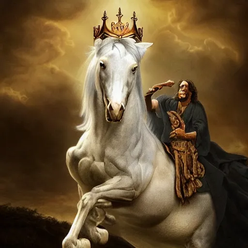 Image similar to a masterpiece!! matte painting of a handsome!! man riding on a majestic!! white horse with eyes like flames!!!, many crowns!! upon his head, a robe dipped in blood!, by gustav dore and paul barson, 8 k, uhd, trending on artstation, octanerender!!, crepuscular!!