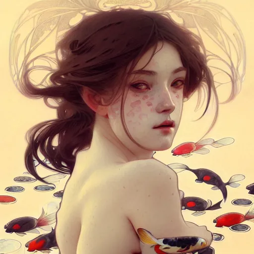 Image similar to Portrait of a girl surrounded by Koi fish, face, fantasy, intricate, elegant, highly detailed, digital painting, artstation, concept art, smooth, sharp focus, illustration, art by Krenz Cushart and Artem Demura and alphonse mucha