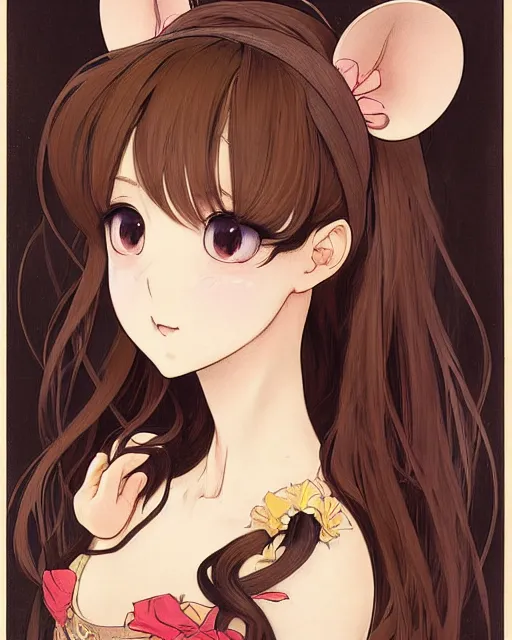 Image similar to A cute frontal painting of a very very beautiful anime skinny mousegirl with long wavy brown colored hair and small mouse ears on top of her head wearing a cute black dress and black shoes looking at the viewer, elegant, delicate, feminine, soft lines, higly detailed, smooth , pixiv art, ArtStation, artgem, art by alphonse mucha Gil Elvgren and Greg rutkowski, high quality, digital illustration, concept art, very long shot, game character