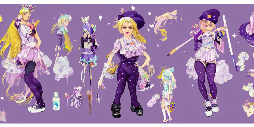 Prompt: A character sheet of a magical girl holding a paintbrush with short blond hair and freckles wearing an oversized purple Beret, Purple overall shorts, jester shoes, and white leggings covered in stars. Rainbow accents on outfit. Concept Art painting. By ZaZa. By WLOP. By Artgerm. By Alphonse Mucha. Decora. harajuku fashion