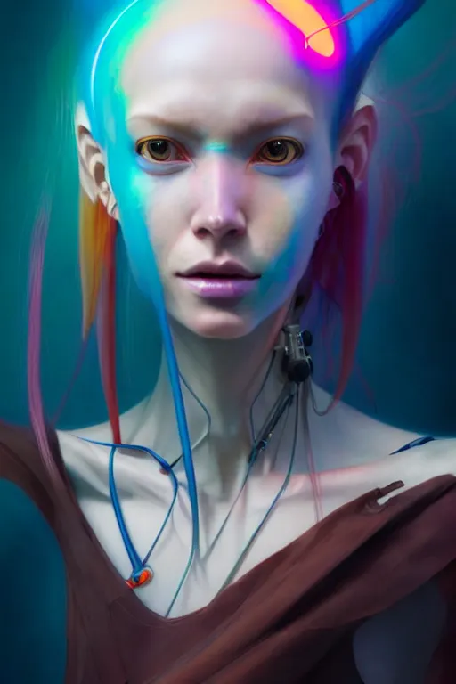 Image similar to a half body image of a beautiful young 28th century super cool post-human female wiht long colorful hair, barely human and largely biomechanical machine, hyper-realistic cyberpunk style, Peter Mohrbacher Takayuki Takeya moody, face by Yanjun Cheng, Irakli Nadar, dramatic cinematic lighting rendered by octane, 8k, detailed, intricate, clean and textures, trending on artstation, deviantart google images, pinterest