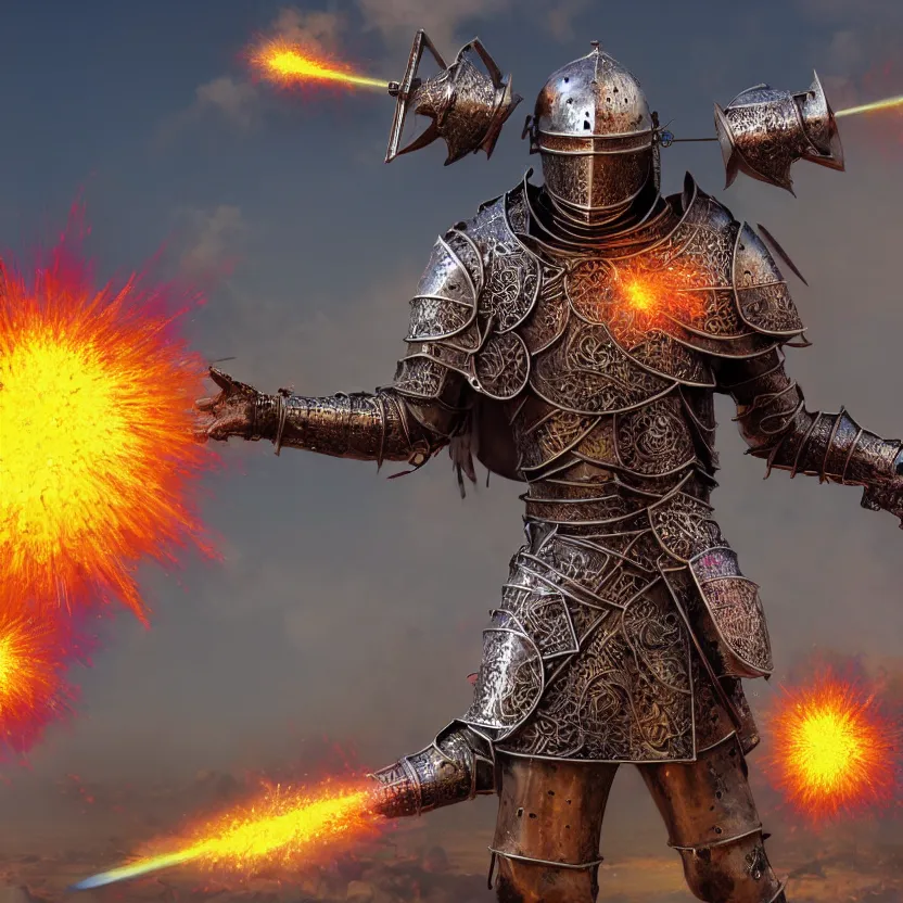 Prompt: hyper realistic matte painting of a medieval fantasy knight in a t - pose exploding into colorful metal shrapnel, octane render by alex grey