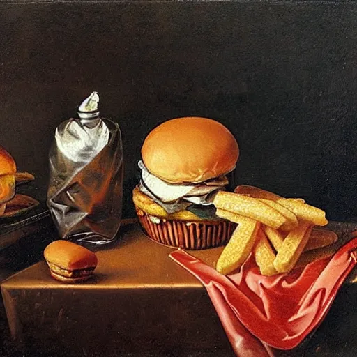 Image similar to McDonalds wrapper on table, Dutch Still Life of the 1600s, oil painting