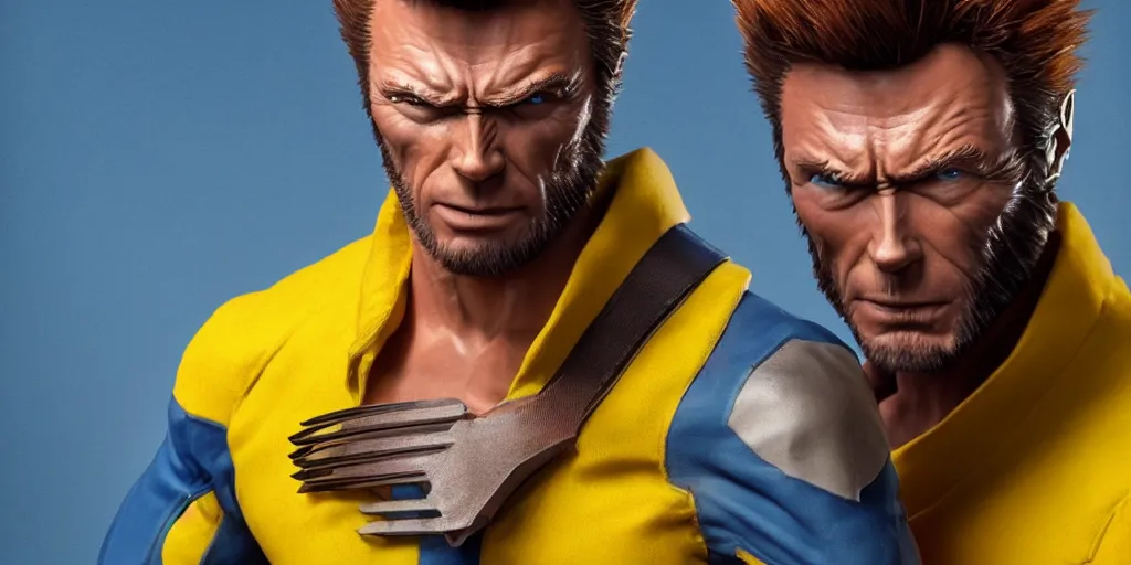 Image similar to clint eastwood as wolverine in blue and yellow costume, octane render, beautiful composition, trending on artstation, award - winning photograph, masterpiece