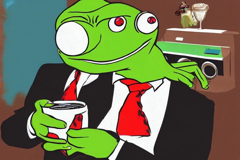 pepe the frog in a tony montana costume drinking | Stable Diffusion ...