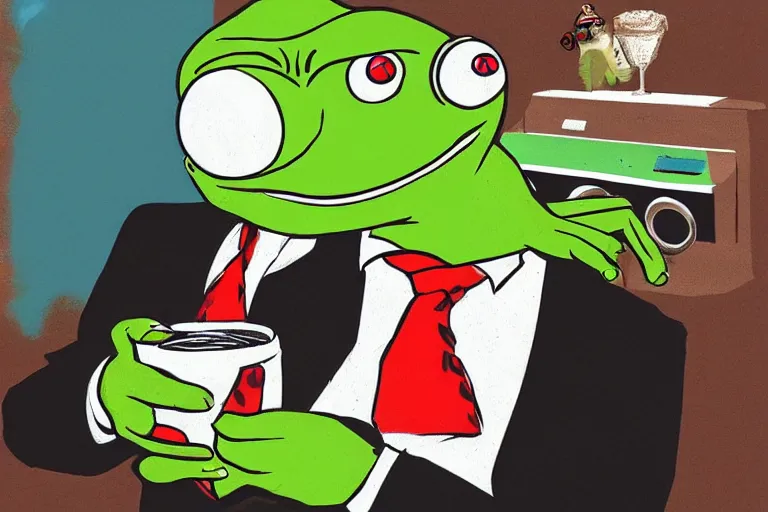 Image similar to pepe the frog in a tony montana costume drinking coffee in the office, 8 0 s style, retrowave, digital art, trending on artstation