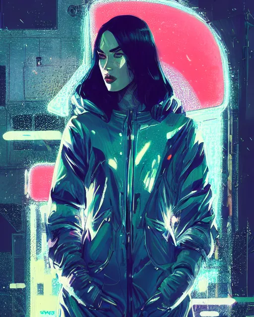 Image similar to detailed megan fox portrait neon operator girl, cyberpunk futuristic neon, reflective puffy coat, decorated with traditional japanese ornaments by ismail inceoglu dragan bibin hans thoma greg rutkowski alexandros pyromallis nekro rene maritte illustrated, perfect face, fine details, realistic shaded, fine - face, pretty face