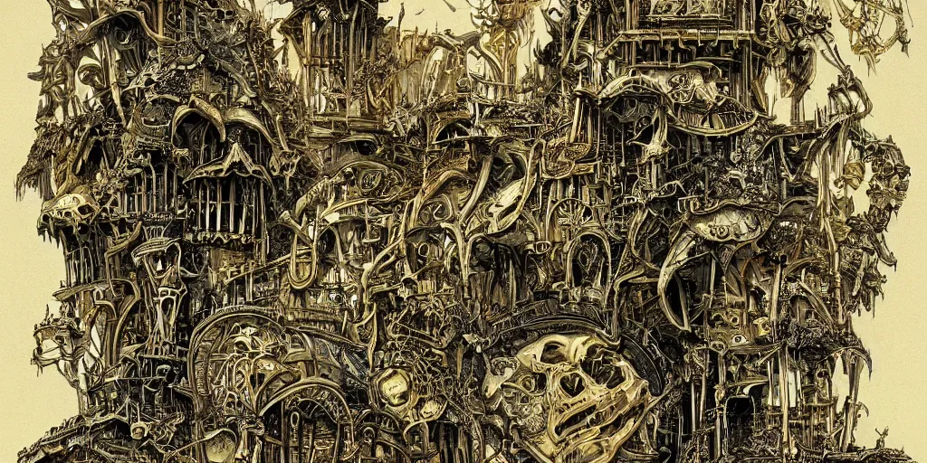 Prompt: a beautiful painting of skeleton fantasy gold world with architecture design haasan fatahy by aaron horkey, trending on artstation