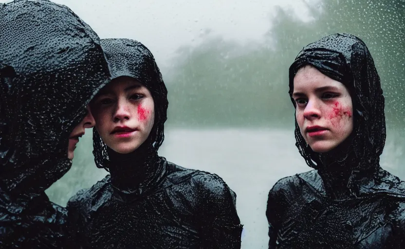 Image similar to cinestill 5 0 d candid photographic portrait by helen levitt of two loving female androids wearing rugged black mesh techwear in treacherous waters, extreme closeup, modern cyberpunk moody depressing cinematic, pouring rain, 8 k, hd, high resolution, 3 5 mm, f / 3 2, ultra realistic faces, ex machina