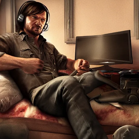 Image similar to john marston in his bedroom, playing pc games with gaming headphones on, photograph