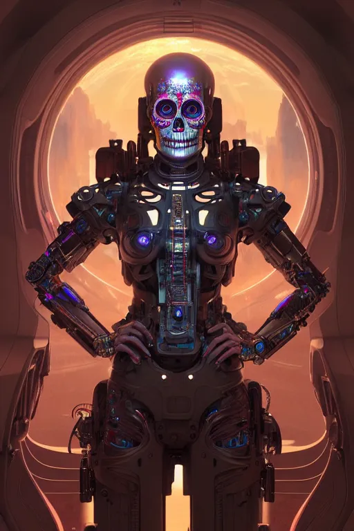 Image similar to ultra detailed, female android, scifi, fantasy, octane render, ( dia de los muertos, triadic color scheme, asymmetrical, intricate detailed, global illumination, concept art, art by godmachine and michael welan and rossdraws and artgerm and greg rutkowski and alphonse mucha and loish and wlop. 8 k, hdr