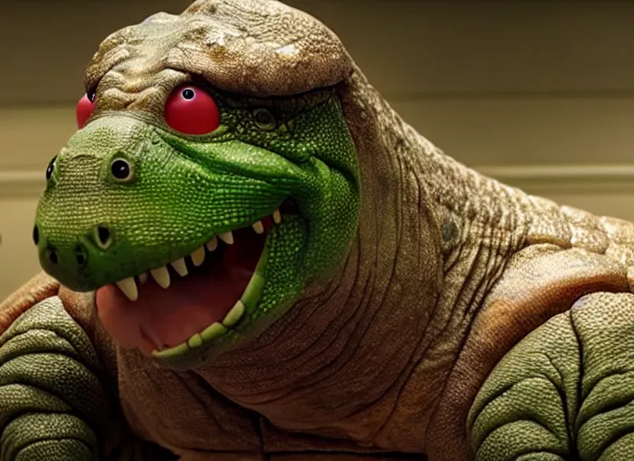 Image similar to film still of real life dinosaur turtle yoshi in the new sci - fi movie, 8 k