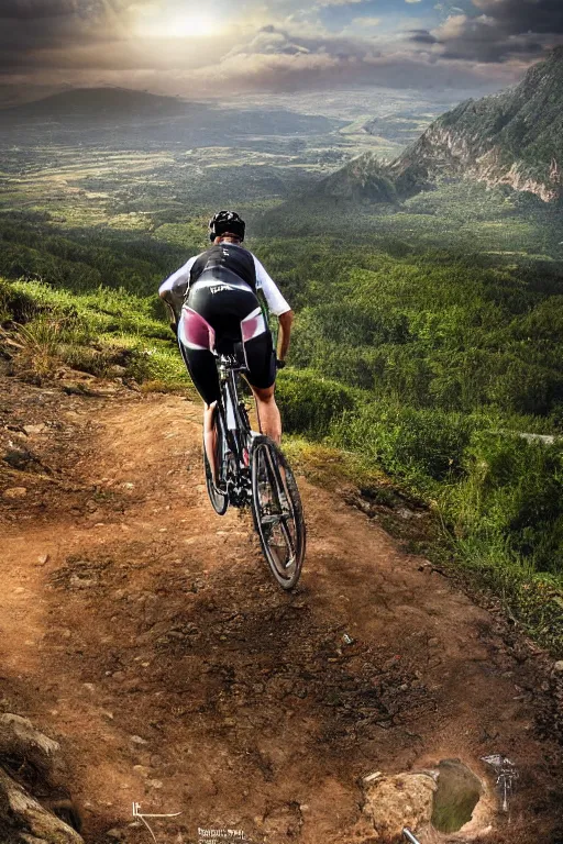 Image similar to A epic view of a cyclist looking at the greatest mountain bike trail ever, dramatic lighting, cinematic, establishing shot, extremely high detail, foto realistic, cinematic lighting, post processed, concept art, high details, cinematic, 8k resolution, beautiful detailed, photorealistic, digital painting, artstation, concept art, smooth, sharp focus, artstation trending, octane render, unreal engine