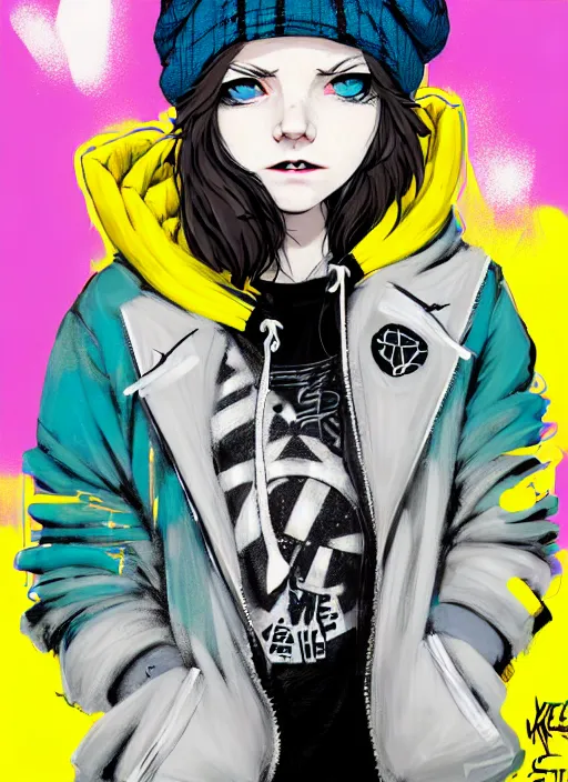 Prompt: highly detailed portrait of a sewer punk lady student, blue eyes, tartan hoody, hat, white hair by atey ghailan, by greg tocchini, by kaethe butcher, by alex horley, gradient yellow, black, brown and cyan color scheme, grunge aesthetic!!! ( ( graffiti tag wall ) )