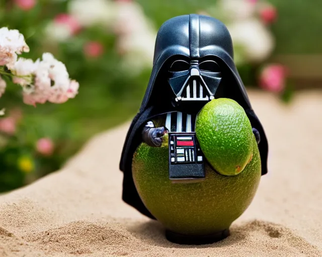 Prompt: 8 5 mm photography of darth vader as an avocado near a garden with sand with dof and bokeh and flowers