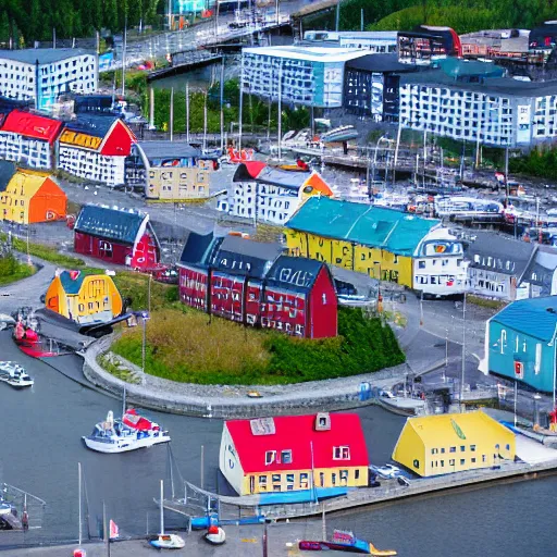 Image similar to isometric view of bodø in norway, miniature, tilt - shift, colorful, arctic