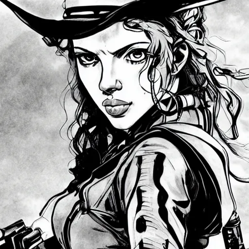 Image similar to scarlett johansson as a gunslinger in afro samurai manga style, pencil and ink, walking the wild west wastelands