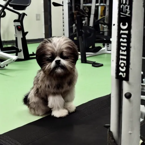 Prompt: a muscular body builder shi-tzu posing at the gym