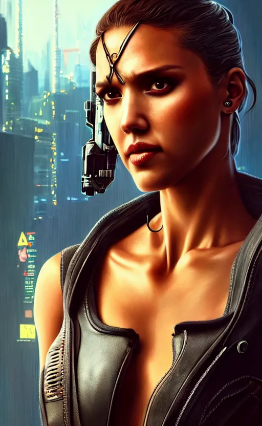 Prompt: portrait of jessica alba as a character in arabian Cyberpunk 2077, looking at camera, intricate, dystopian, sci-fi, extremely detailed, digital painting, artstation, concept art, smooth, sharp focus, illustration, intimidating lighting, incredible art by artgerm and greg rutkowski and alphonse mucha and simon stalenhag