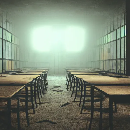 Image similar to woman holding a flashlight running through the interior of an abandoned furniture store, rows of tables and chairs, cinematic lighting, night, terrifying, scp 3008, landscape, fog, artstation